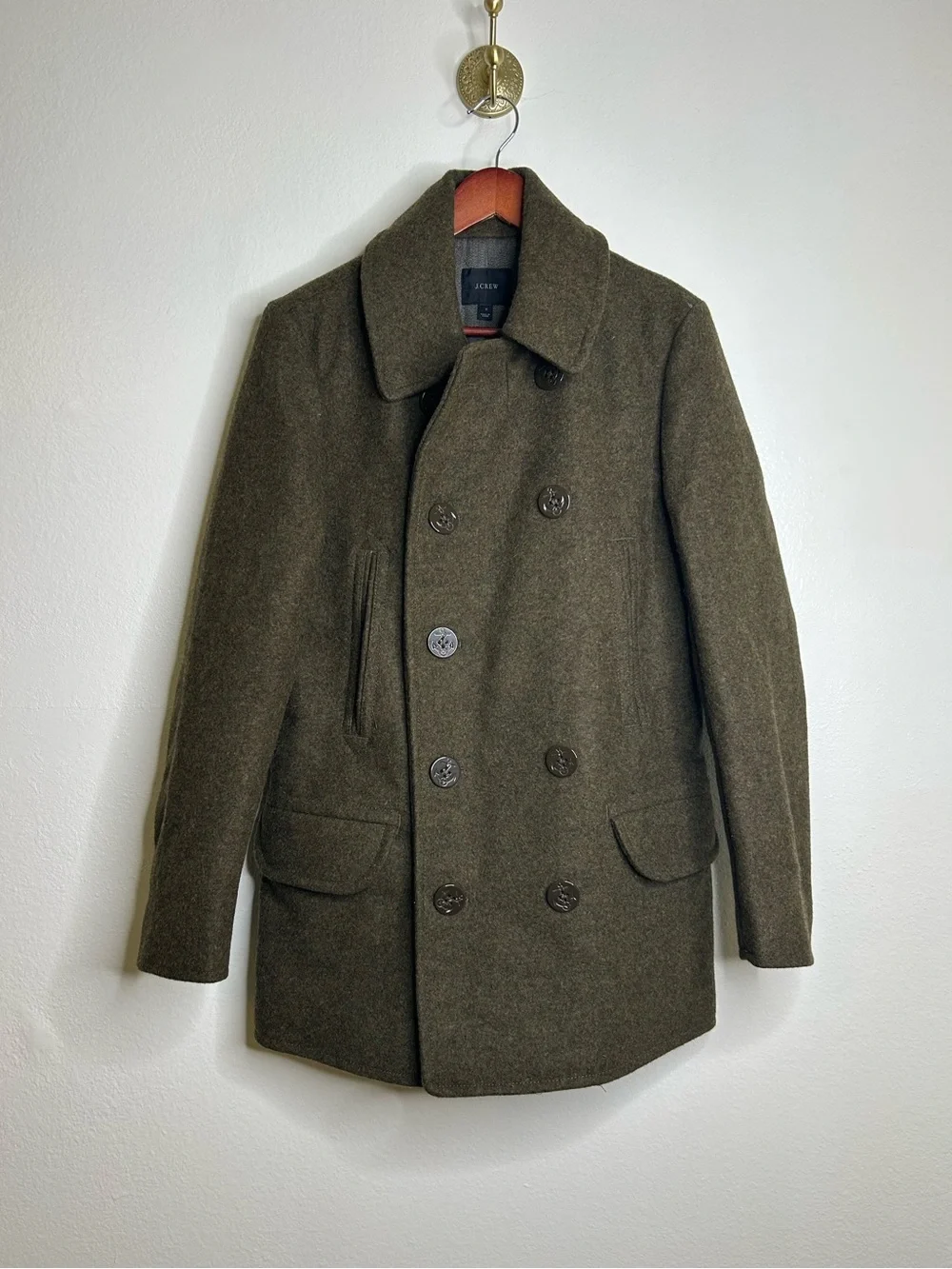 J. Crew 100% Wool Army Green Double Breasted Peacoat Size Small